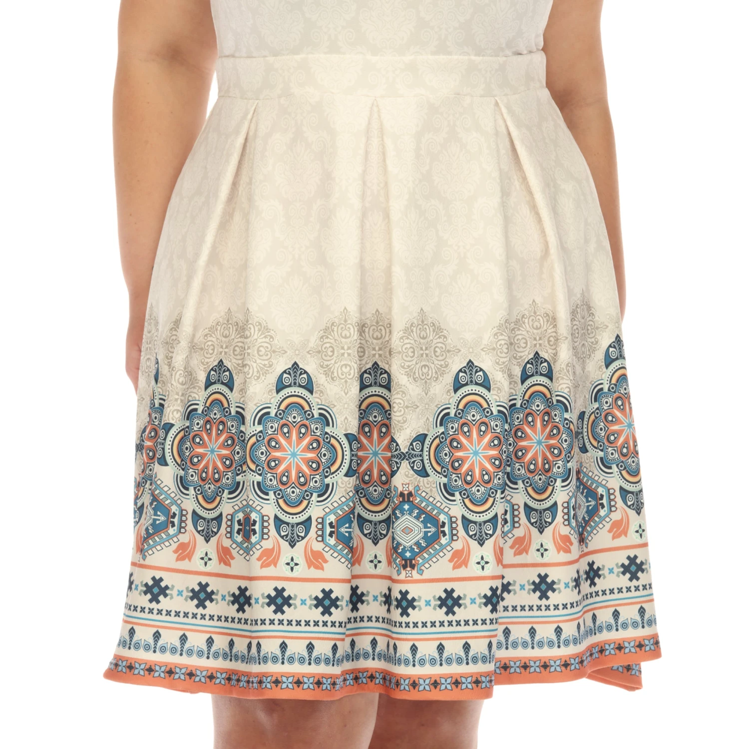 Plus Size Beige Paisley Border Print Fit & Flare Dress 4 Plus Size Beige Paisley Border Print Fit & Flare Dress - Image 4