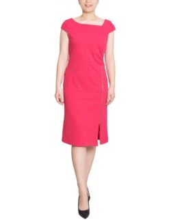 Petite Pink Cap Sleeve Sheath Dress - Front Zip Slit Square Neck