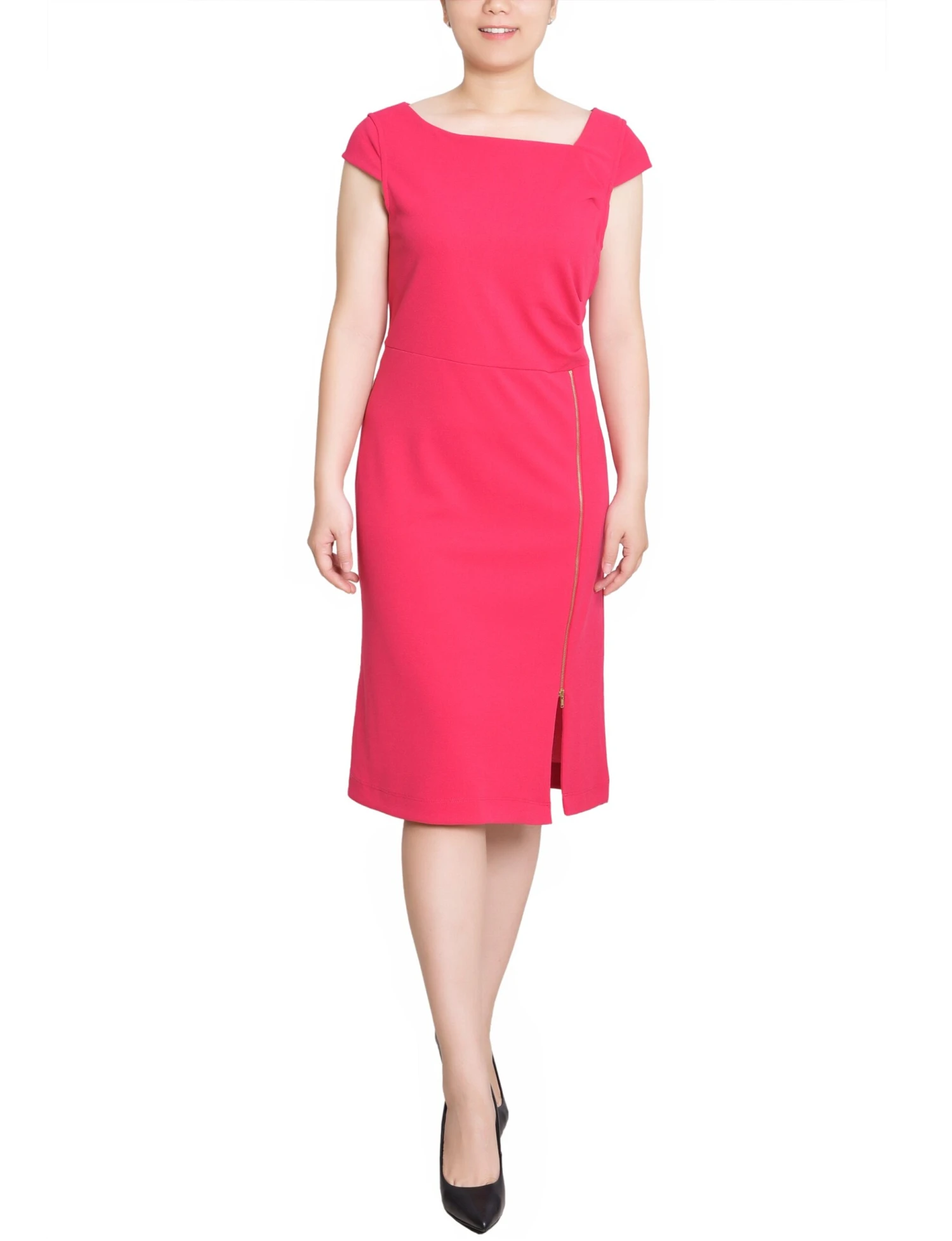 Petite Pink Cap Sleeve Sheath Dress - Front Zip Slit Square Neck 1 Petite Pink Cap Sleeve Sheath Dress - Front Zip Slit Square Neck