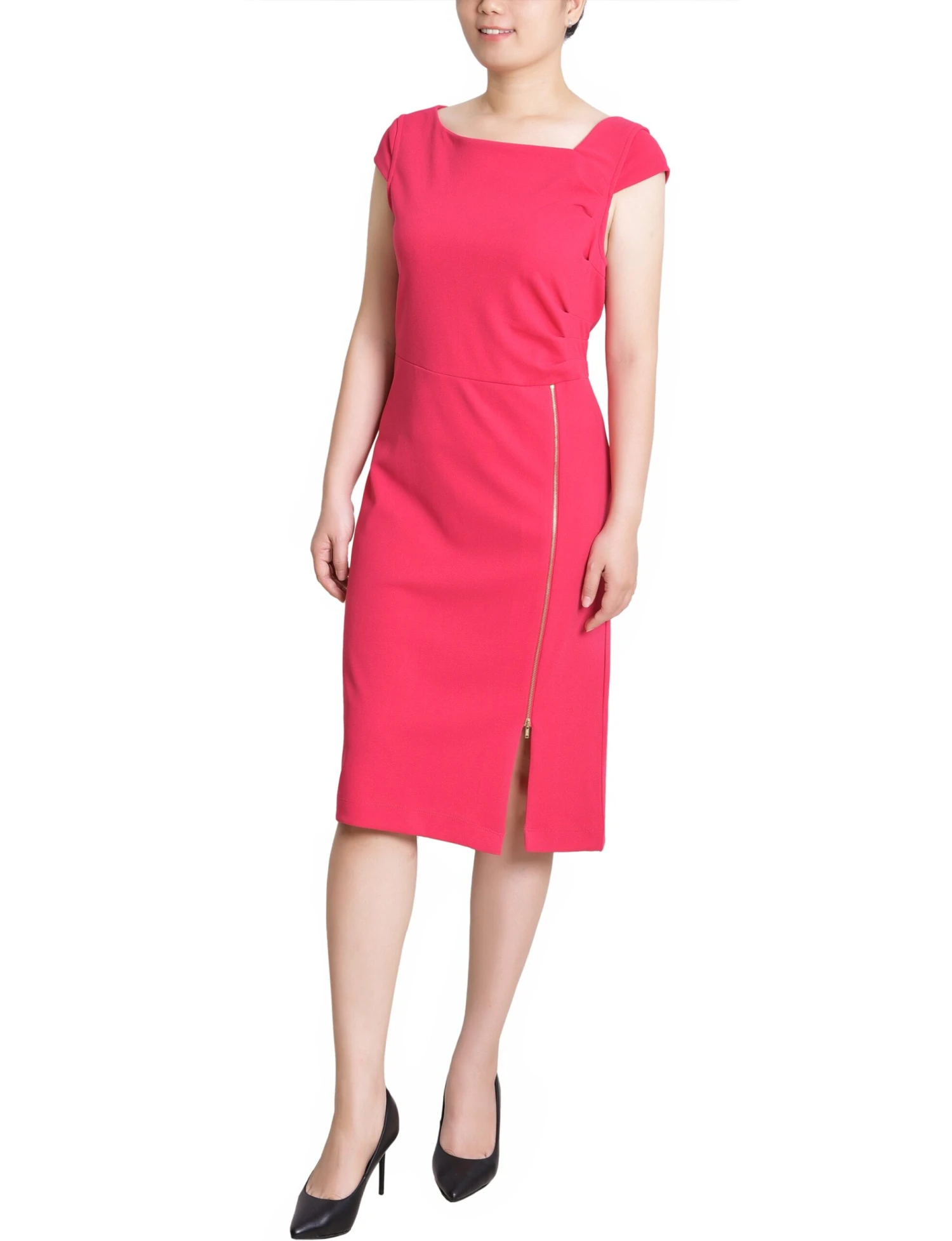 Petite Pink Cap Sleeve Sheath Dress - Front Zip Slit Square Neck 2 Petite Pink Cap Sleeve Sheath Dress - Front Zip Slit Square Neck - Image 2