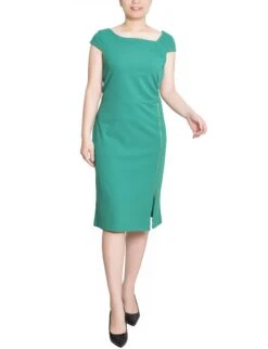 Emerald Green Petite Cap Sleeve Sheath Dress with Exposed Zipper