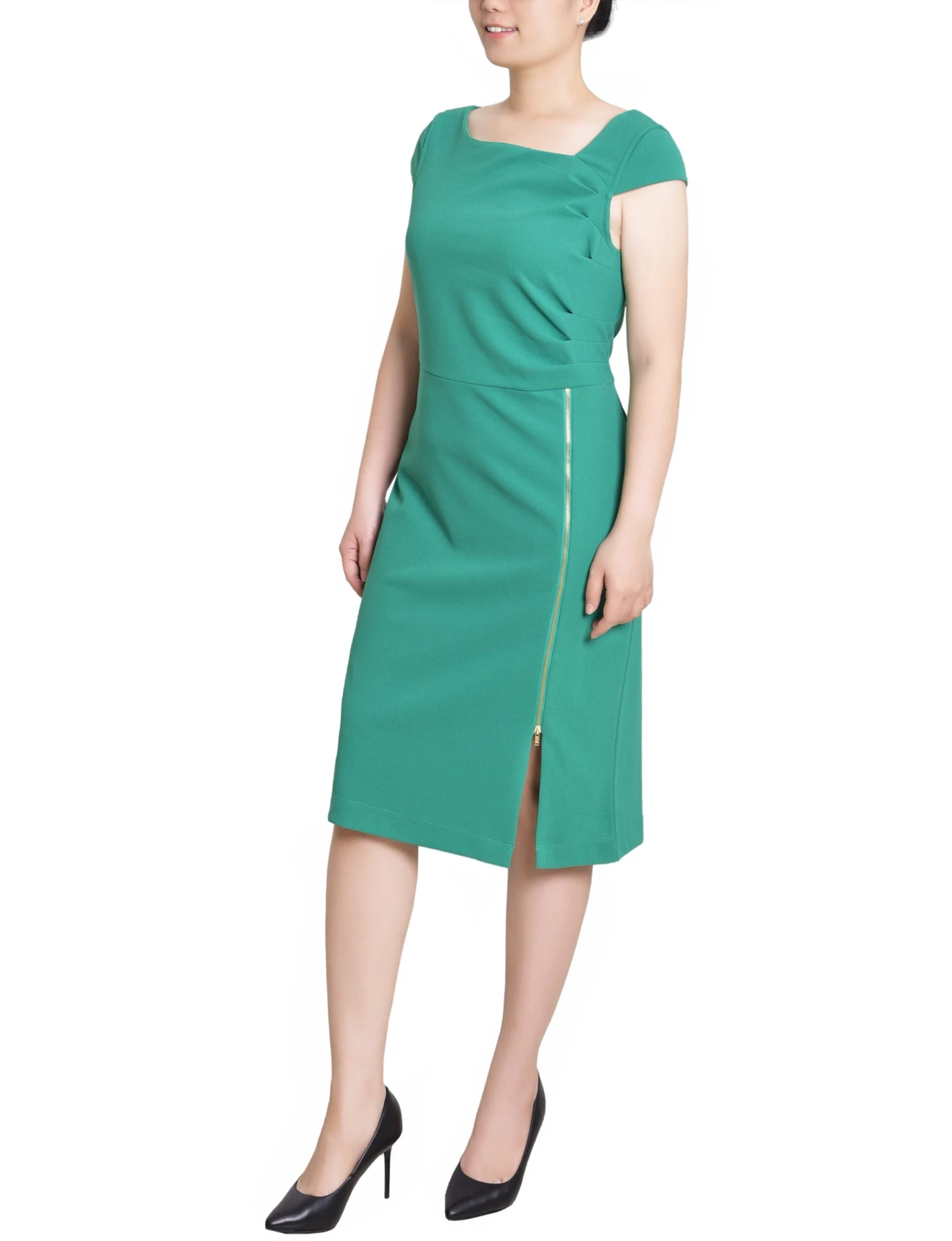 Emerald Green Petite Cap Sleeve Sheath Dress with Exposed Zipper 2 Emerald Green Petite Cap Sleeve Sheath Dress with Exposed Zipper - Image 2
