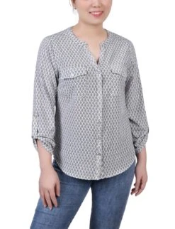 Petite Abstract 3/4 Roll Tab Sleeve Mandarin Collar Blouse