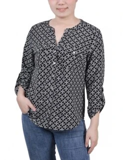 Petite Black & White Rope Print Utility Blouse with Roll-Tab Sleeves