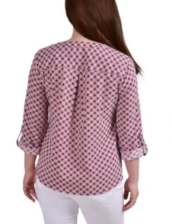 Rodedendrum Iconic 3/4 Roll Tab Sleeve Mandarin Collar Blouse - White Petite -Dressbarn Store PSTB1404RODEDENDRUMWHITENEWICONICBACK