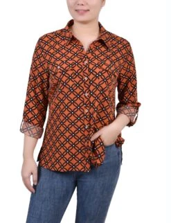 Petite Orange 3/4 Roll Tab Blouse with Chest Pockets