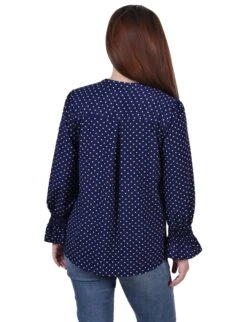 Petite Blue Long Sleeve Button Front Blouse with Smocked Cuffs -Dressbarn Store PSTB5746PNAVYWHITEDOTBACK