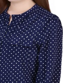 Petite Blue Long Sleeve Button Front Blouse with Smocked Cuffs -Dressbarn Store PSTB5746PNAVYWHITEDOTDETAIL