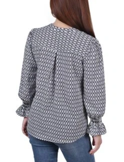 Petite White Long Sleeve Button Front Blouse with Smocked Cuffs 7 Petite White Long Sleeve Button Front Blouse with Smocked Cuffs -Dressbarn Store PSTB5746PWHITEBLACKJUSTINBACK