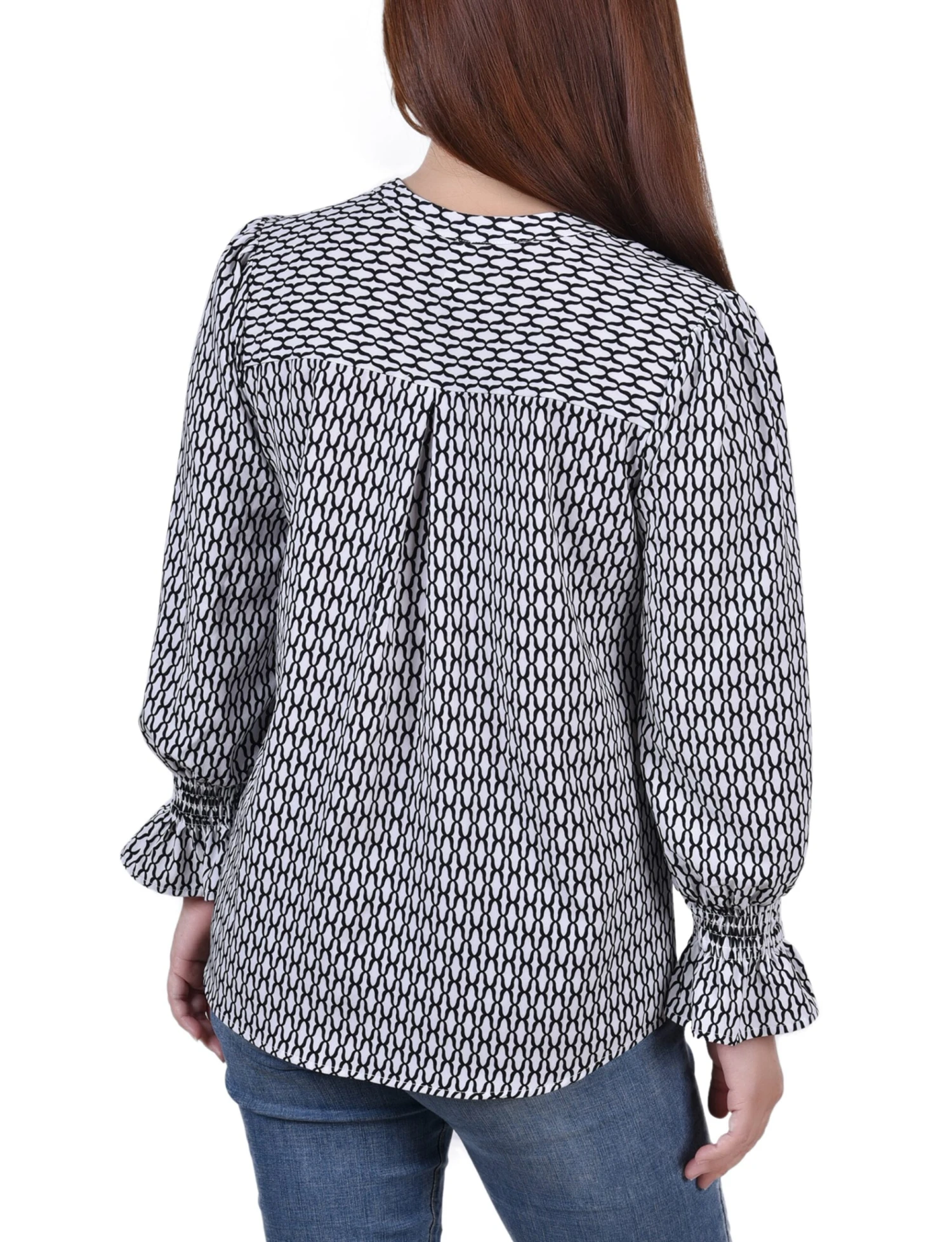 Petite White Long Sleeve Button Front Blouse with Smocked Cuffs 4 Petite White Long Sleeve Button Front Blouse with Smocked Cuffs - Image 4