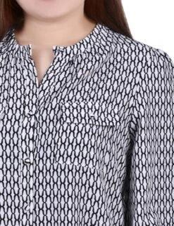 Petite White Long Sleeve Button Front Blouse with Smocked Cuffs 6 Petite White Long Sleeve Button Front Blouse with Smocked Cuffs -Dressbarn Store PSTB5746PWHITEBLACKJUSTINDETAIL