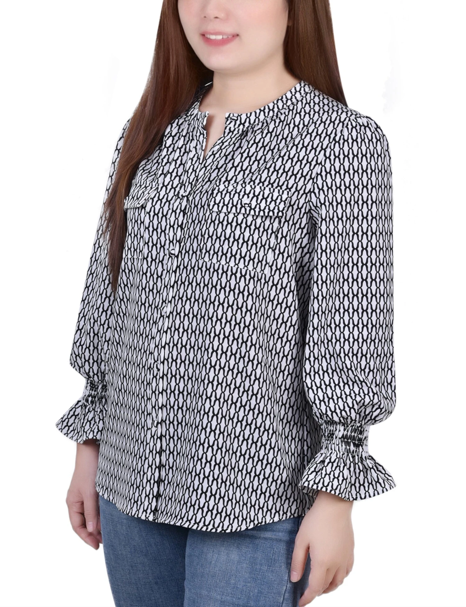 Petite White Long Sleeve Button Front Blouse with Smocked Cuffs 2 Petite White Long Sleeve Button Front Blouse with Smocked Cuffs - Image 2