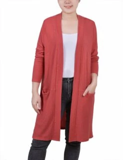 Petite Coral Open Front Textured Knee Length Cardigan with Pockets