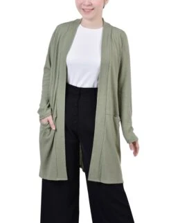 Sage Petite Knee Length Textured Cardigan with Side Pockets
