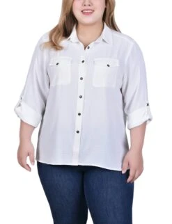 Plus Size White Long Sleeve Roll Tab Blouse - Versatile Button-Down Shirt
