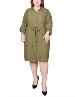 Plus Size Burnt Olive Long Roll Tab Sleeve Shirtdress