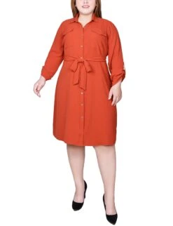 Plus Size Rooibos Tea Roll Tab Sleeve Button-Front Shirtdress