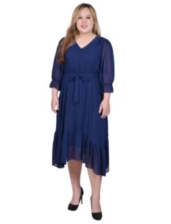 Plus Size Navy V-Neck Dress - Elegant 3/4 Balloon Sleeve Flounce Hem