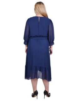 Plus Size Navy V-Neck Dress - Elegant 3/4 Balloon Sleeve Flounce Hem -Dressbarn Store WCCD0405NAVYBACK