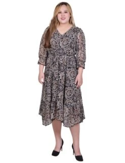 Plus Size Black & Brown Paisley V-Neck Flounced Dress