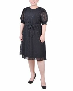 Plus Size Black Swiss Dot Dress with Belted Waist and Elbow Sleeves