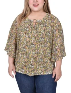 Plus Size Floral Chiffon Blouse - Flowy Coral & Grey Popover Top