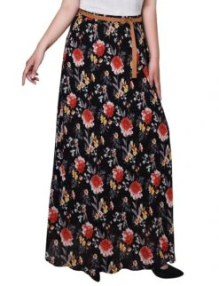 Elegant Black Red & Gold Floral Chiffon Maxi Skirt - Plus Size