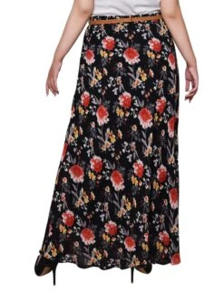 Elegant Black Red & Gold Floral Chiffon Maxi Skirt - Plus Size -Dressbarn Store WCCK0239BLACKREDGOLDFLORALBACK