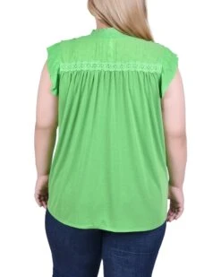 Plus Size Green Flutter Sleeve Crepon Blouse with Eyelet Detail -Dressbarn Store WCOB1989GREENBACK