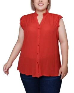 Vibrant Orange Plus Size Flutter Sleeve Crepon Blouse