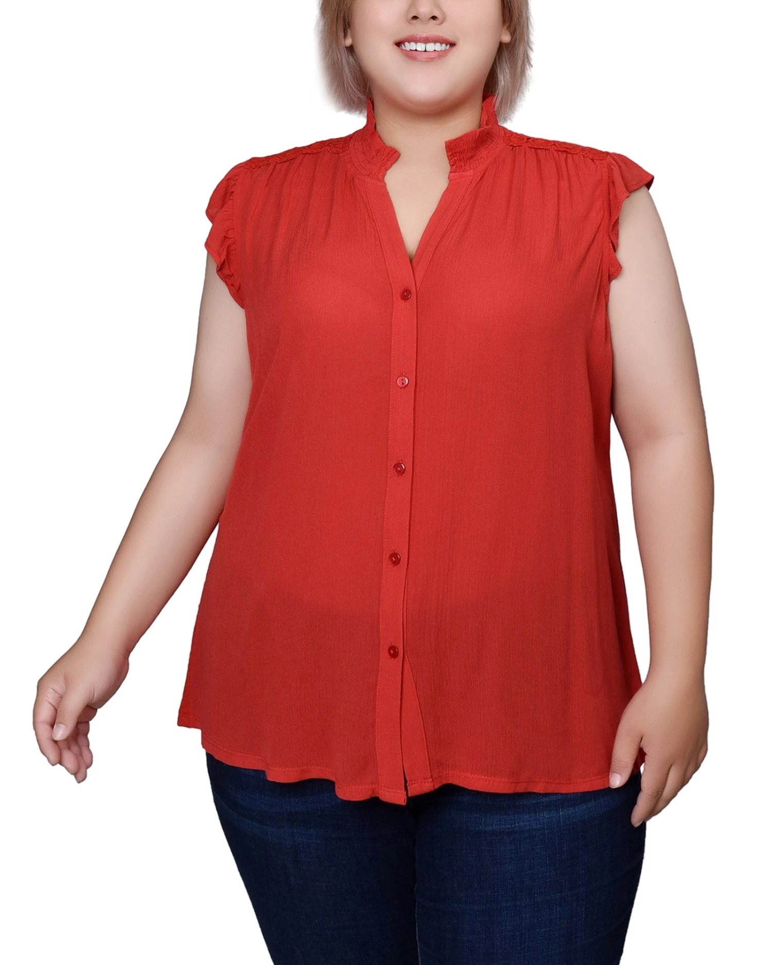 Vibrant Orange Plus Size Flutter Sleeve Crepon Blouse 1 Vibrant Orange Plus Size Flutter Sleeve Crepon Blouse