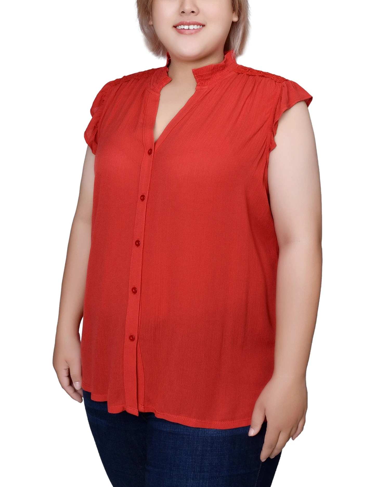 Vibrant Orange Plus Size Flutter Sleeve Crepon Blouse 2 Vibrant Orange Plus Size Flutter Sleeve Crepon Blouse - Image 2