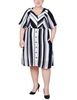 Plus Size Blue Striped Button Front Dress with Elbow Sleeves