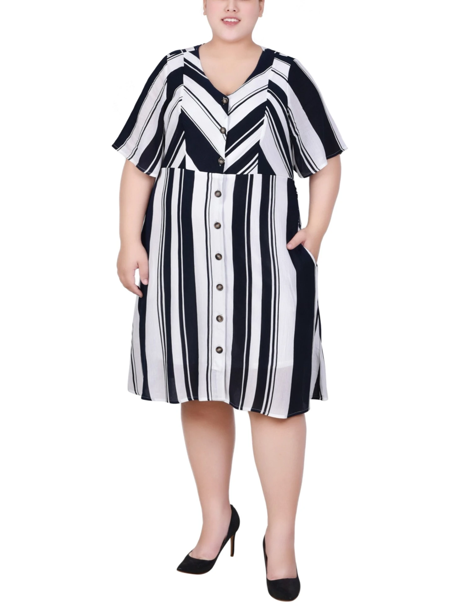 Plus Size Blue Striped Button Front Dress with Elbow Sleeves 1 Plus Size Blue Striped Button Front Dress with Elbow Sleeves