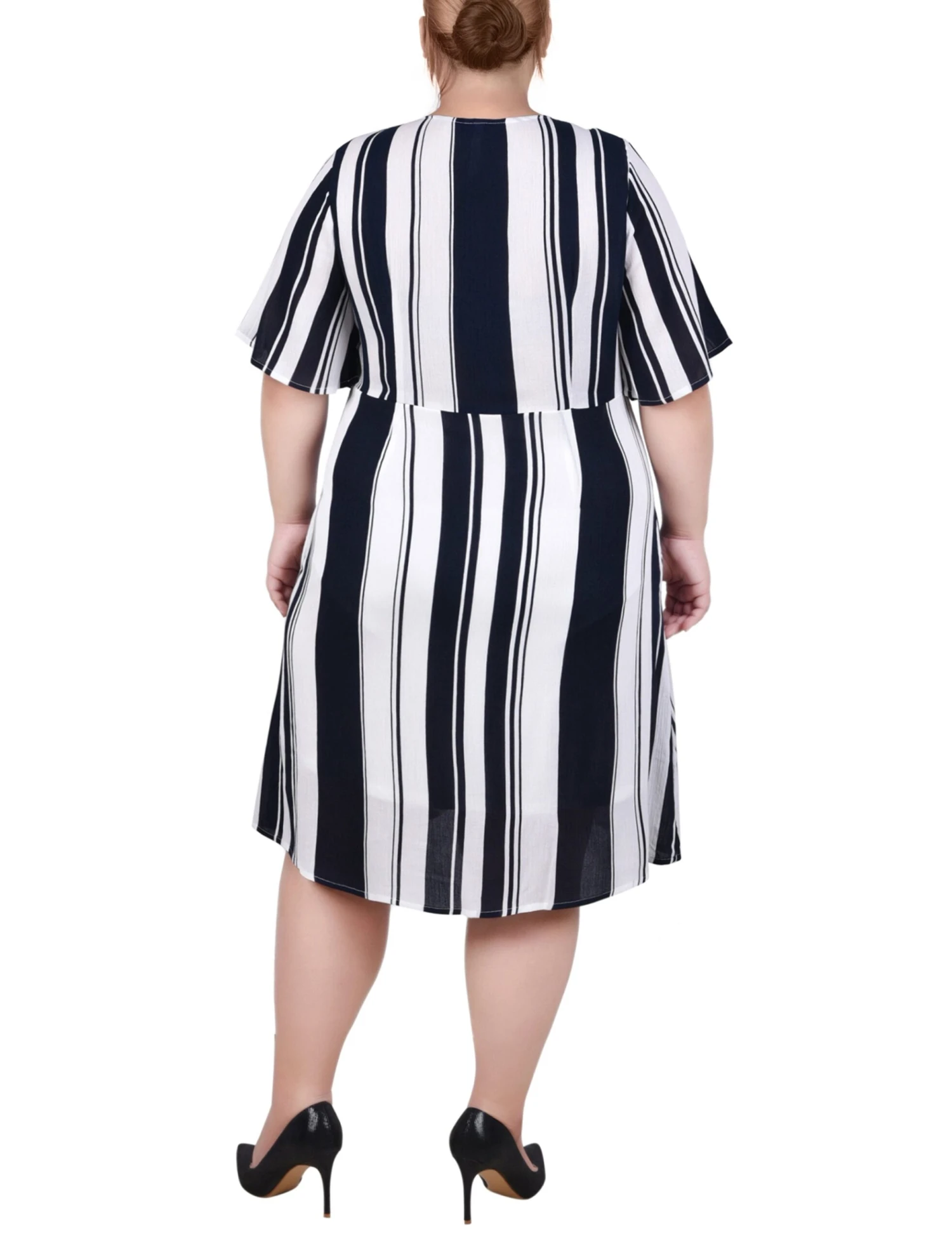 Plus Size Blue Striped Button Front Dress with Elbow Sleeves 3 Plus Size Blue Striped Button Front Dress with Elbow Sleeves - Image 3