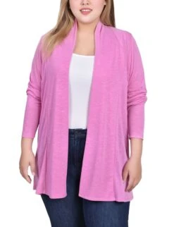 Plus Size Rose Shadow Long Sleeve Cardigan with Rouched Back