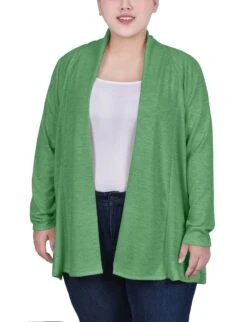 Plus Size Green Long Sleeve Cardigan with Rouched Back Detail