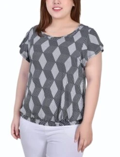 Plus Size Abstract Print Flutter Sleeve Top with Studded Neckline