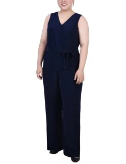 Plus Size Navy Sleeveless Belted Jumpsuit - Elegant Wide Leg One-Piece