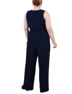 Plus Size Navy Sleeveless Belted Jumpsuit - Elegant Wide Leg One-Piece -Dressbarn Store WQIU0004NAVYBACK