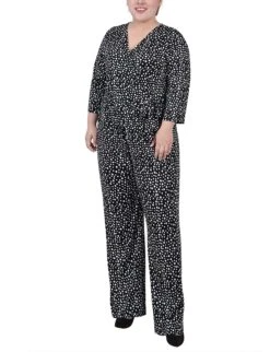 Plus Size Black Polka Dot Wide Leg Jumpsuit with 3/4 Sleeves and Belt