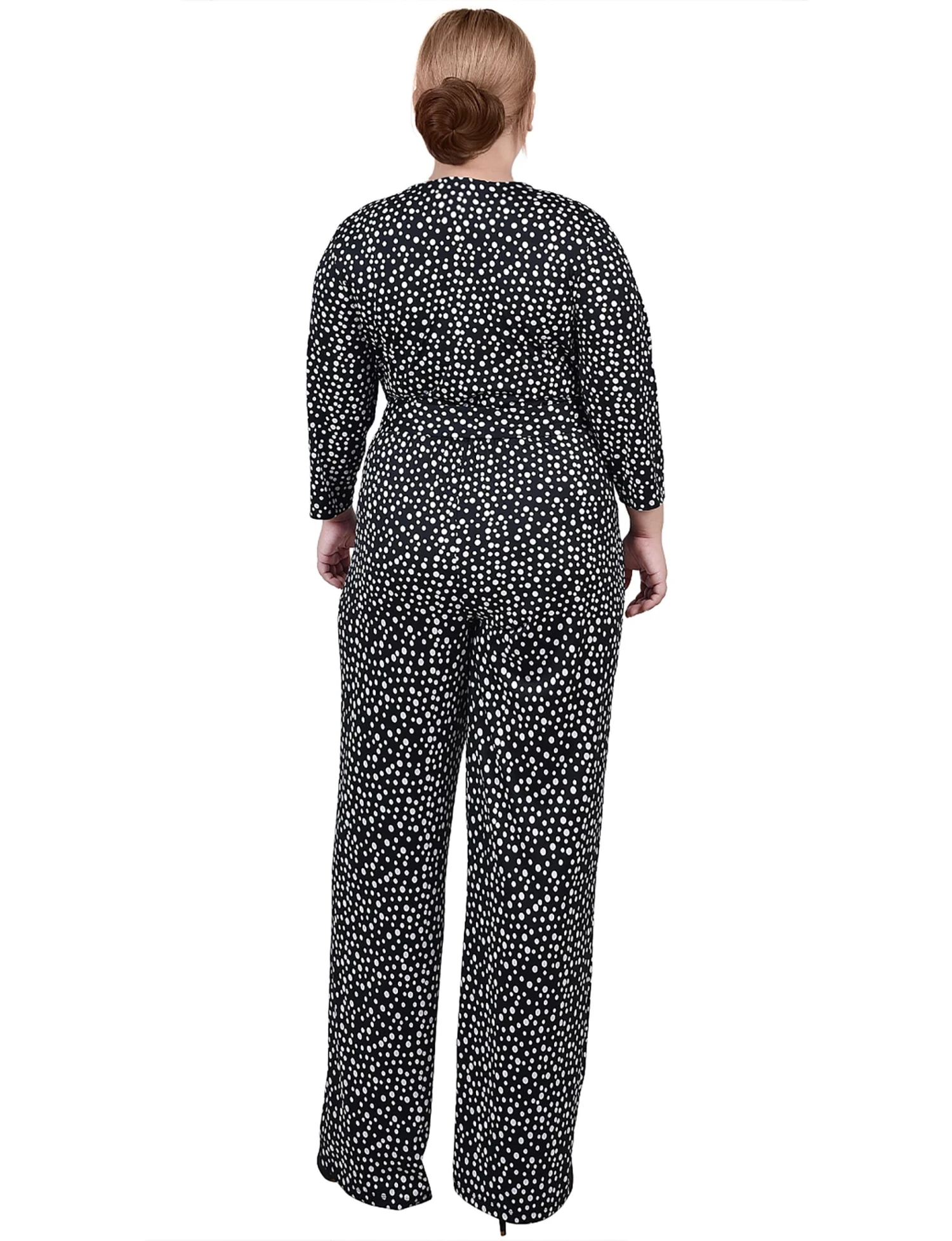 Plus Size Black Polka Dot Wide Leg Jumpsuit with 3/4 Sleeves and Belt 4 Plus Size Black Polka Dot Wide Leg Jumpsuit with 3/4 Sleeves and Belt - Image 4