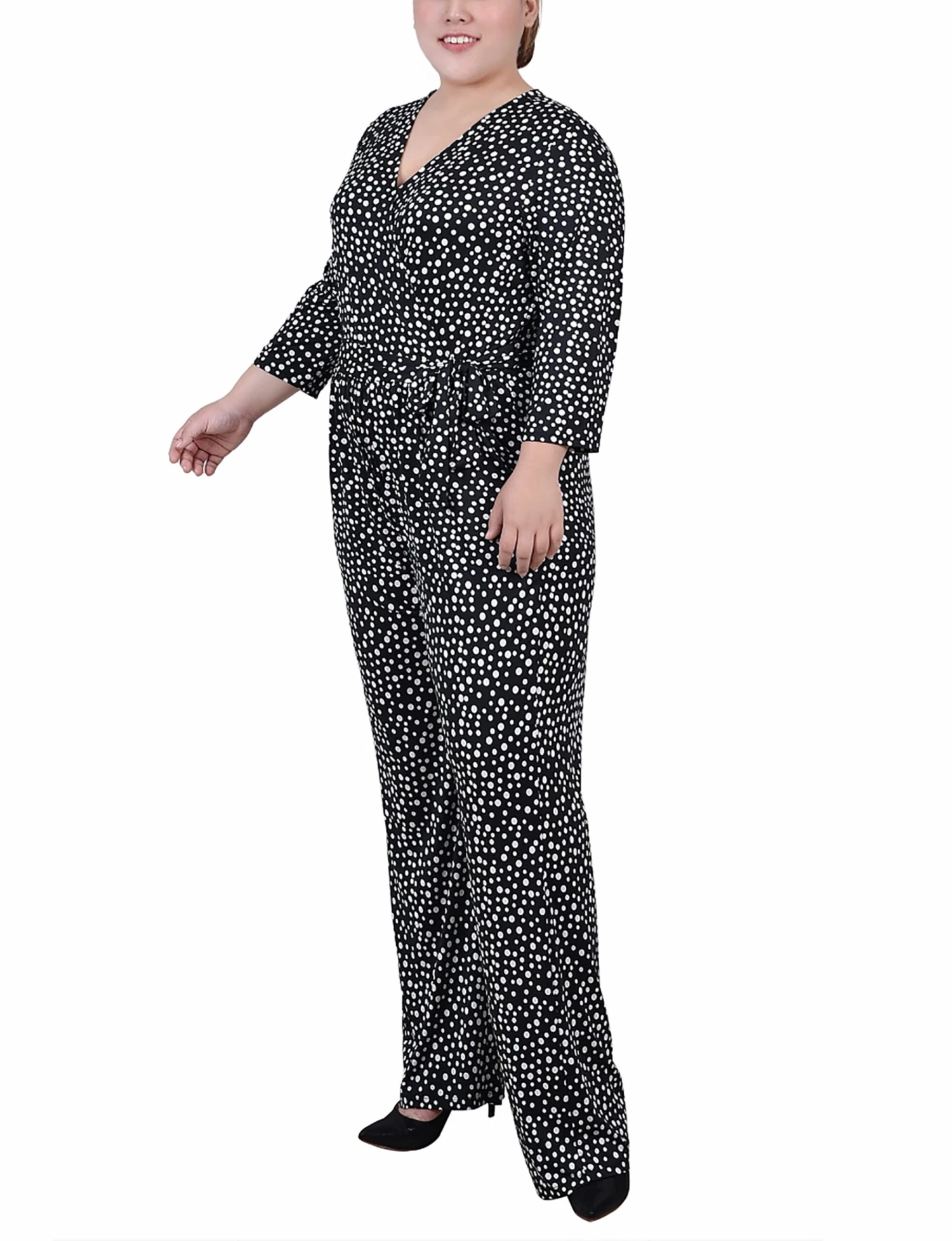 Plus Size Black Polka Dot Wide Leg Jumpsuit with 3/4 Sleeves and Belt 2 Plus Size Black Polka Dot Wide Leg Jumpsuit with 3/4 Sleeves and Belt - Image 2