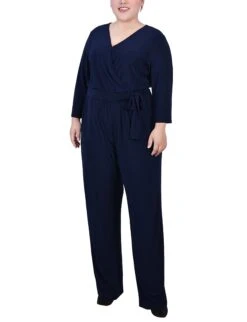 Women's Plus Size Navy Wide Leg Jumpsuit - Belted 3/4 Sleeve One-Piece