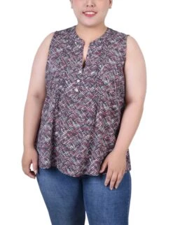 Plus Size Sleeveless Pintucked Blouse - Black & Red Chevron Print