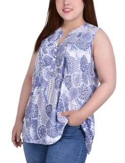 NY Women's Plus Size Blue Sleeveless Pintucked Blouse