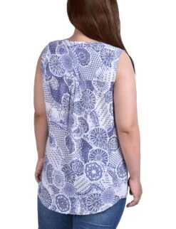 NY Women's Plus Size Blue Sleeveless Pintucked Blouse -Dressbarn Store WRJU0684PBLUEFLORALBACK