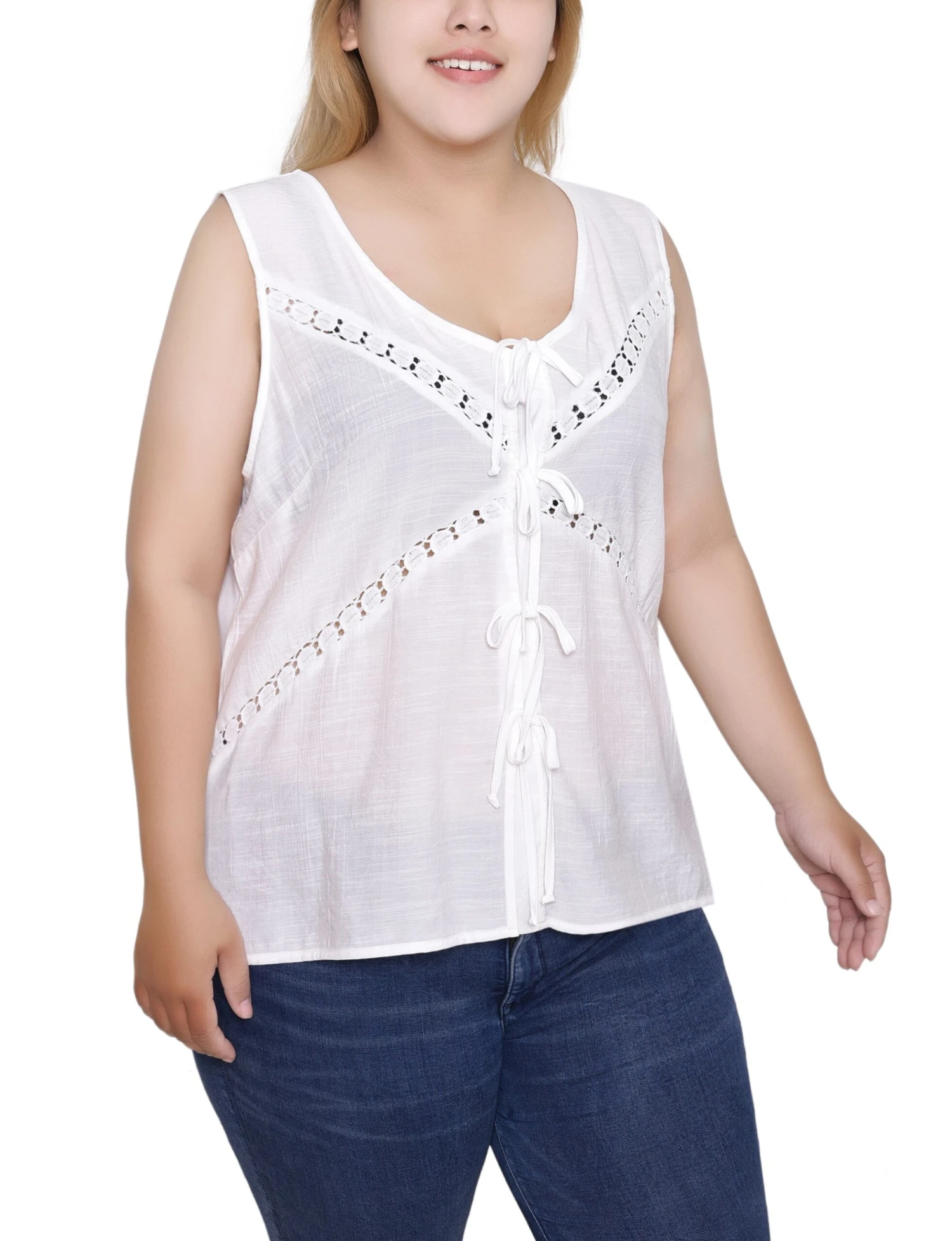 Plus Size White Sleeveless Blouse with Tie Detail and Lace 2 Plus Size White Sleeveless Blouse with Tie Detail and Lace - Image 2