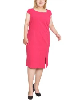 Pink Cap Sleeve Sheath Dress with Exposed Zipper - Plus Size