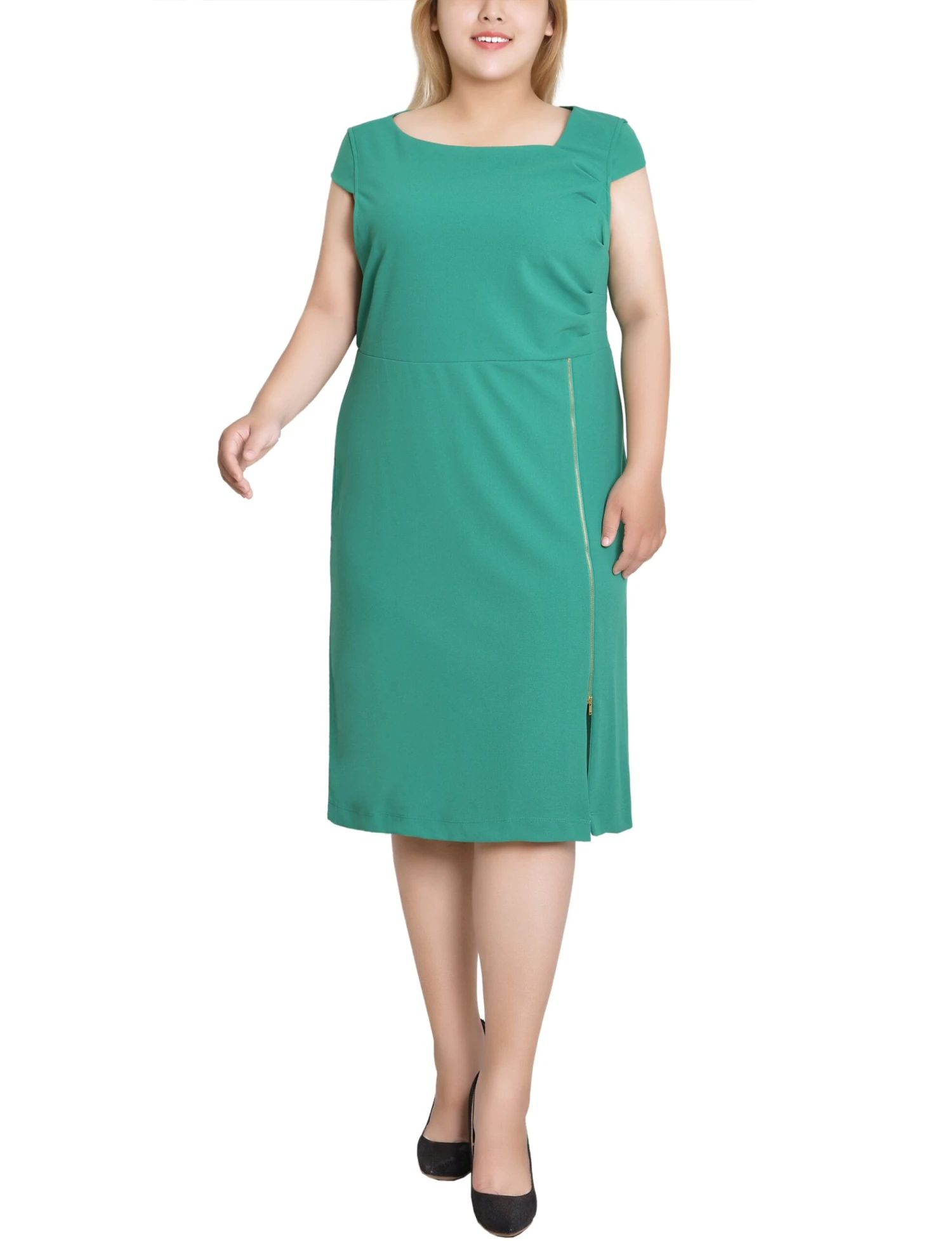Plus Size Emerald Green Cap Sleeve Sheath Dress with Exposed Zipper 1 Plus Size Emerald Green Cap Sleeve Sheath Dress with Exposed Zipper